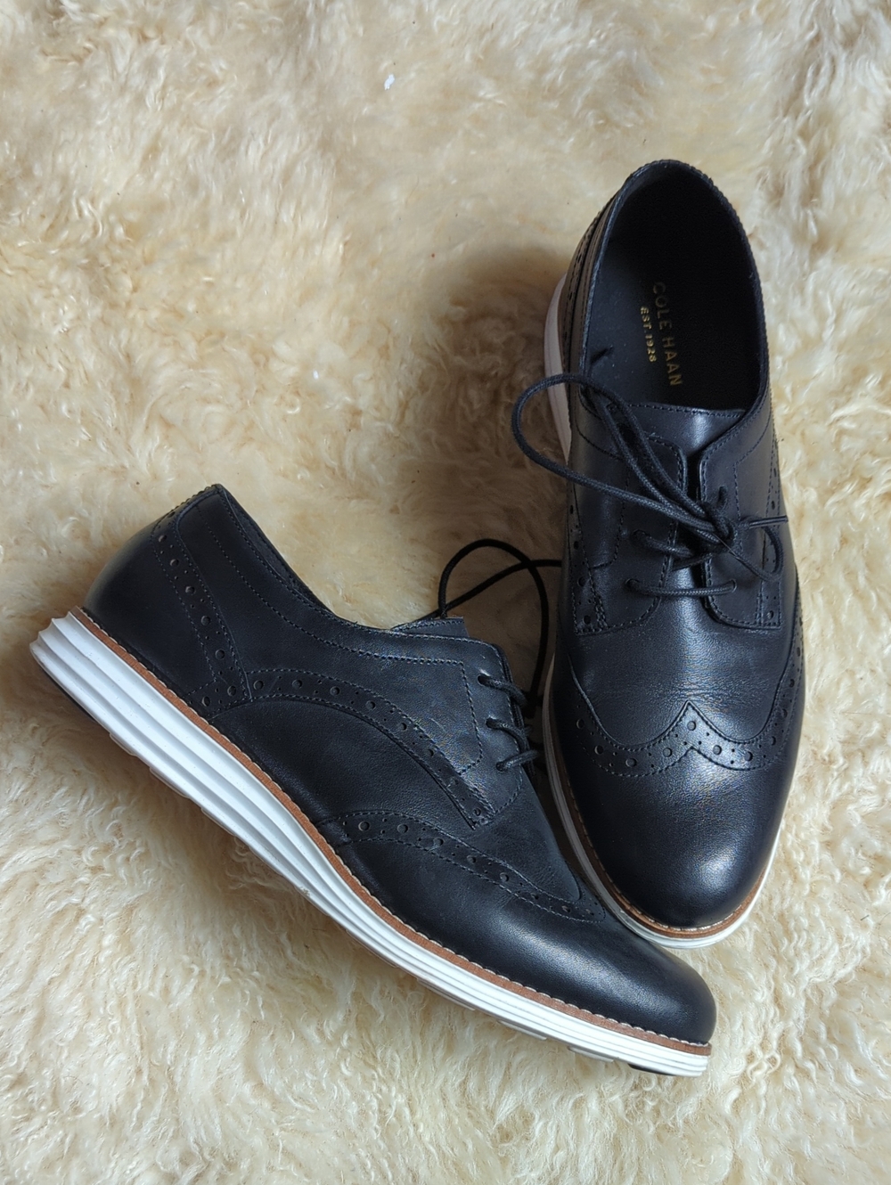 Cole Haan Black Leather Wingtip Oxford with White Sole